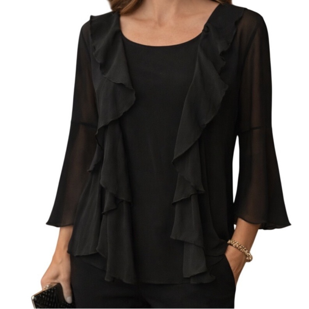 Liz Mccoy Women's Ruffle Sheer Scoop Neck Flare‎ Bell Sleeve Blouse Size L NWT